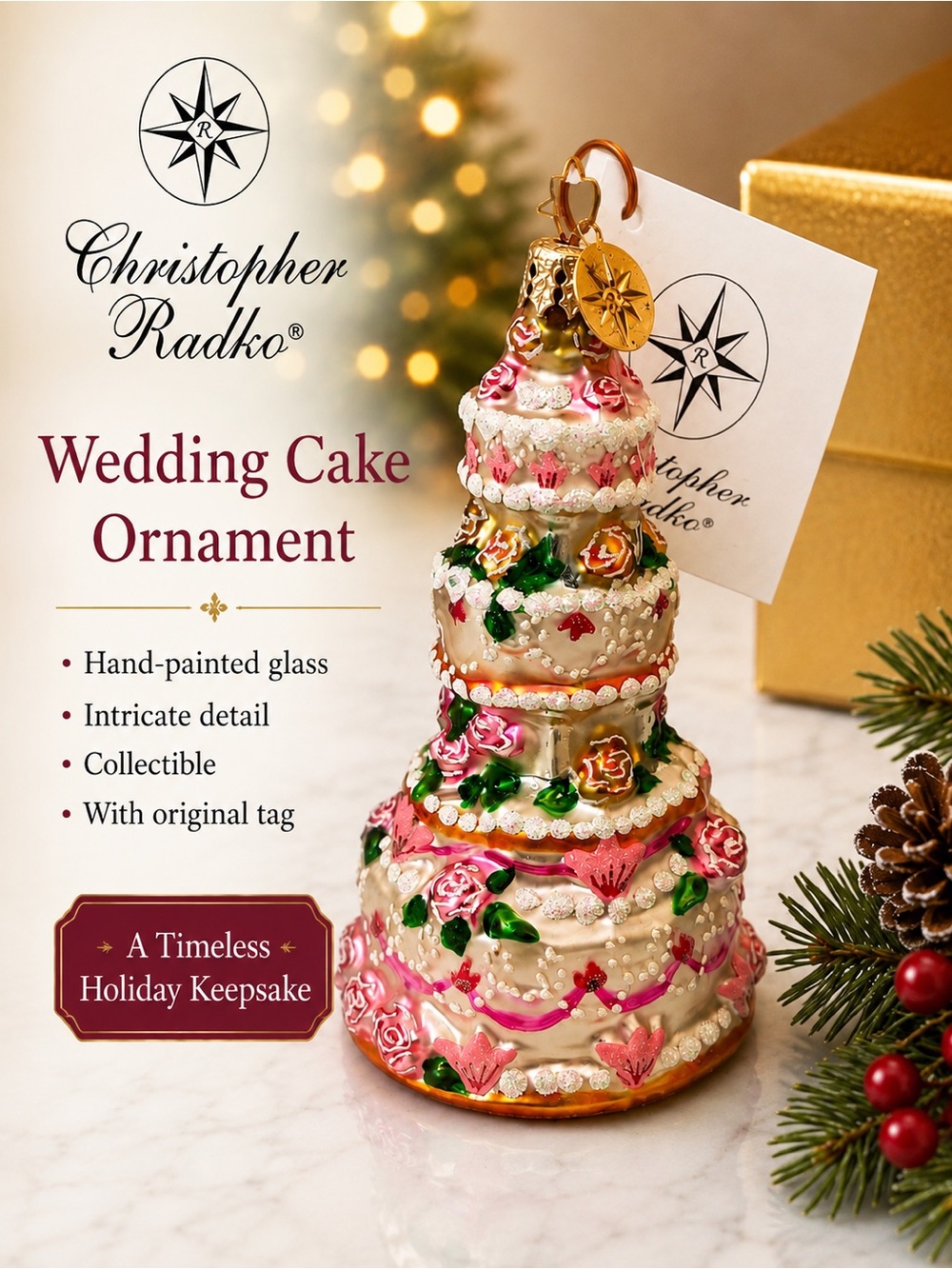 Christopher Radko Wedding Cake Glass Ornament |
Hand-Painted Floral Collectible